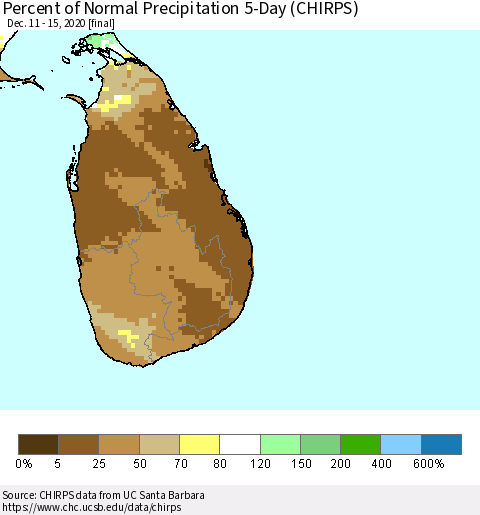 Sri Lanka Percent of Normal Precipitation 5-Day (CHIRPS) Thematic Map For 12/11/2020 - 12/15/2020