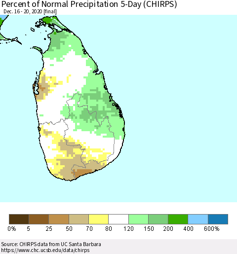Sri Lanka Percent of Normal Precipitation 5-Day (CHIRPS) Thematic Map For 12/16/2020 - 12/20/2020