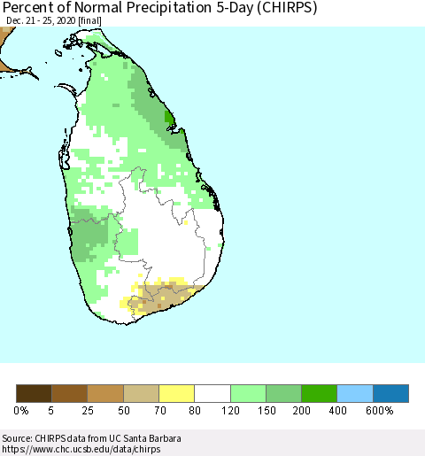 Sri Lanka Percent of Normal Precipitation 5-Day (CHIRPS) Thematic Map For 12/21/2020 - 12/25/2020