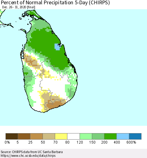 Sri Lanka Percent of Normal Precipitation 5-Day (CHIRPS) Thematic Map For 12/26/2020 - 12/31/2020