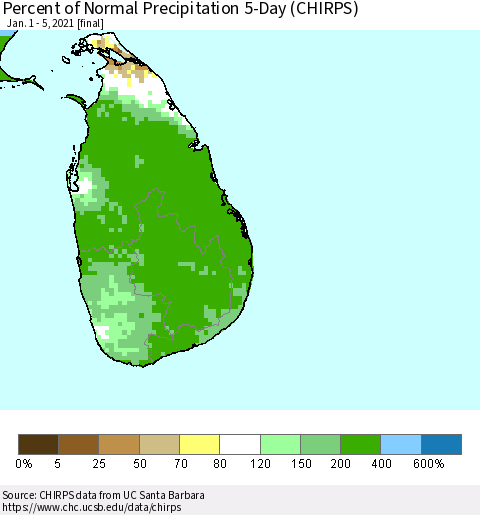 Sri Lanka Percent of Normal Precipitation 5-Day (CHIRPS) Thematic Map For 1/1/2021 - 1/5/2021