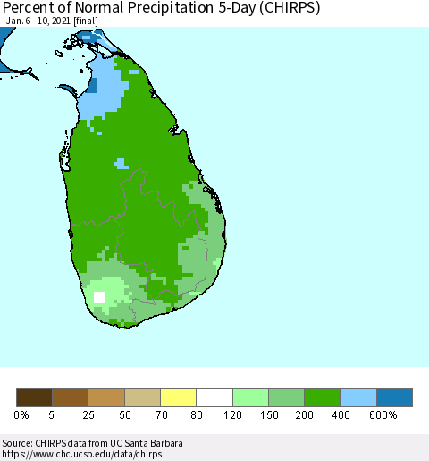 Sri Lanka Percent of Normal Precipitation 5-Day (CHIRPS) Thematic Map For 1/6/2021 - 1/10/2021