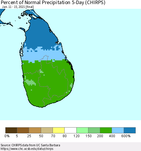 Sri Lanka Percent of Normal Precipitation 5-Day (CHIRPS) Thematic Map For 1/11/2021 - 1/15/2021
