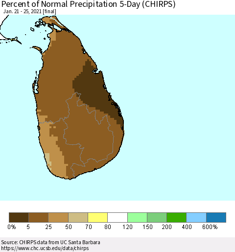 Sri Lanka Percent of Normal Precipitation 5-Day (CHIRPS) Thematic Map For 1/21/2021 - 1/25/2021
