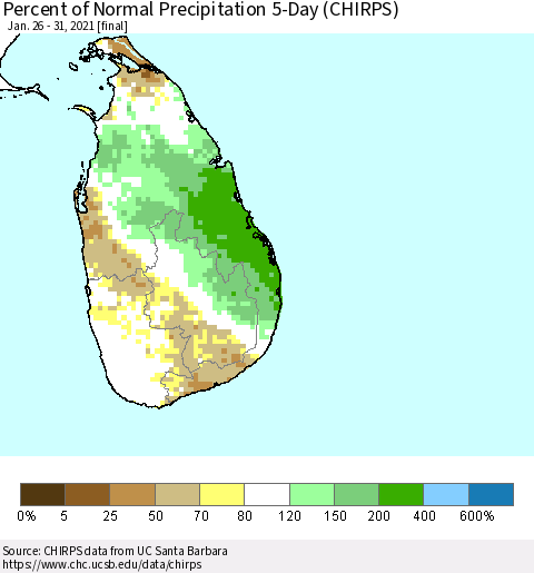 Sri Lanka Percent of Normal Precipitation 5-Day (CHIRPS) Thematic Map For 1/26/2021 - 1/31/2021