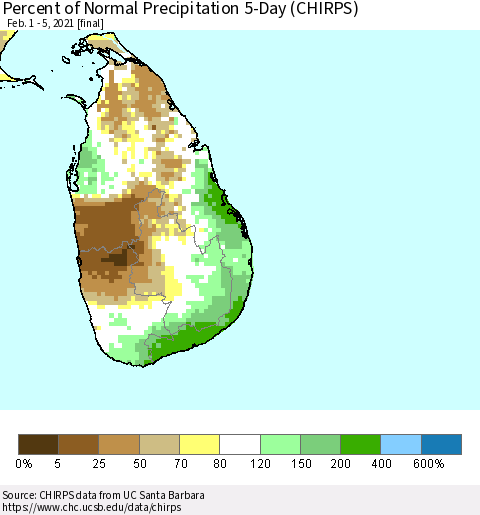 Sri Lanka Percent of Normal Precipitation 5-Day (CHIRPS) Thematic Map For 2/1/2021 - 2/5/2021