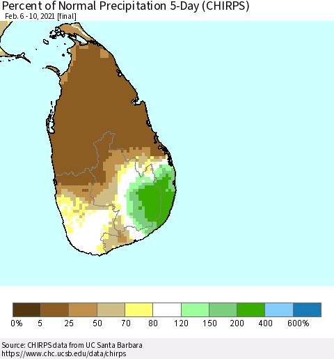 Sri Lanka Percent of Normal Precipitation 5-Day (CHIRPS) Thematic Map For 2/6/2021 - 2/10/2021