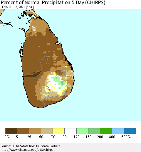 Sri Lanka Percent of Normal Precipitation 5-Day (CHIRPS) Thematic Map For 2/11/2021 - 2/15/2021