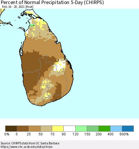 Sri Lanka Percent of Normal Precipitation 5-Day (CHIRPS) Thematic Map For 2/16/2021 - 2/20/2021