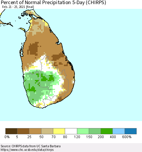 Sri Lanka Percent of Normal Precipitation 5-Day (CHIRPS) Thematic Map For 2/21/2021 - 2/25/2021