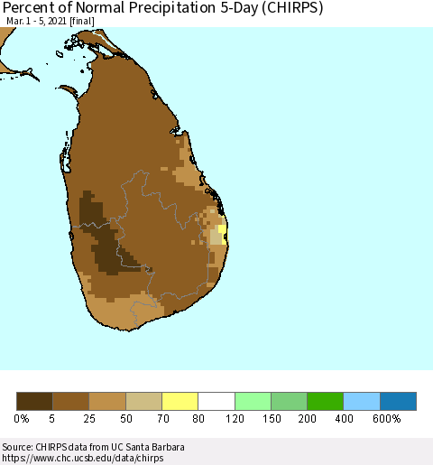 Sri Lanka Percent of Normal Precipitation 5-Day (CHIRPS) Thematic Map For 3/1/2021 - 3/5/2021