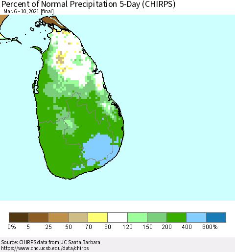 Sri Lanka Percent of Normal Precipitation 5-Day (CHIRPS) Thematic Map For 3/6/2021 - 3/10/2021