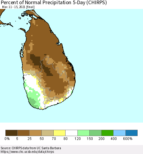 Sri Lanka Percent of Normal Precipitation 5-Day (CHIRPS) Thematic Map For 3/11/2021 - 3/15/2021