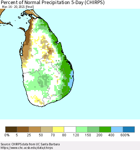 Sri Lanka Percent of Normal Precipitation 5-Day (CHIRPS) Thematic Map For 3/16/2021 - 3/20/2021