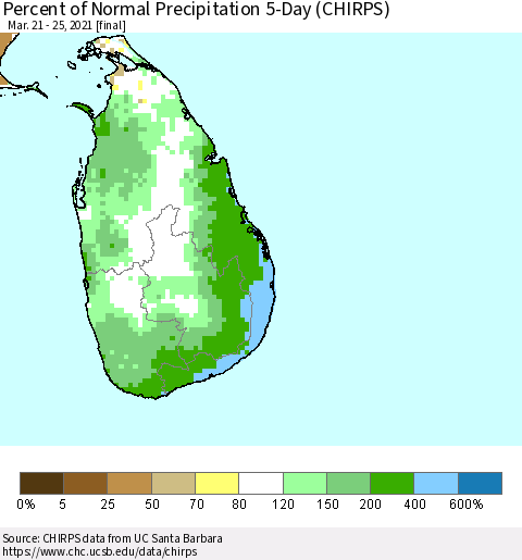 Sri Lanka Percent of Normal Precipitation 5-Day (CHIRPS) Thematic Map For 3/21/2021 - 3/25/2021