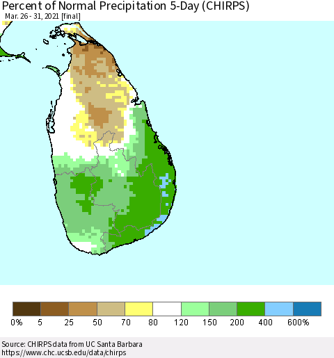 Sri Lanka Percent of Normal Precipitation 5-Day (CHIRPS) Thematic Map For 3/26/2021 - 3/31/2021