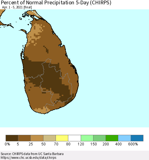 Sri Lanka Percent of Normal Precipitation 5-Day (CHIRPS) Thematic Map For 4/1/2021 - 4/5/2021