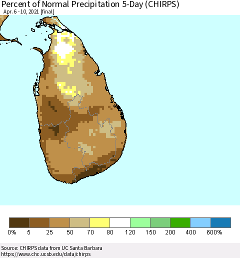 Sri Lanka Percent of Normal Precipitation 5-Day (CHIRPS) Thematic Map For 4/6/2021 - 4/10/2021