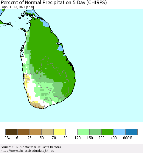 Sri Lanka Percent of Normal Precipitation 5-Day (CHIRPS) Thematic Map For 4/11/2021 - 4/15/2021