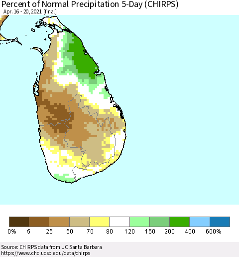 Sri Lanka Percent of Normal Precipitation 5-Day (CHIRPS) Thematic Map For 4/16/2021 - 4/20/2021