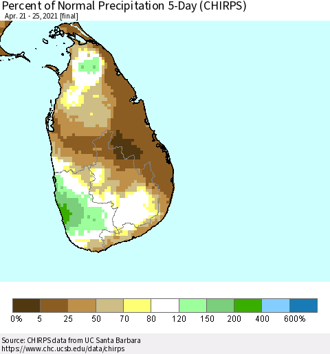 Sri Lanka Percent of Normal Precipitation 5-Day (CHIRPS) Thematic Map For 4/21/2021 - 4/25/2021