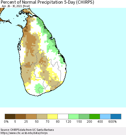 Sri Lanka Percent of Normal Precipitation 5-Day (CHIRPS) Thematic Map For 4/26/2021 - 4/30/2021
