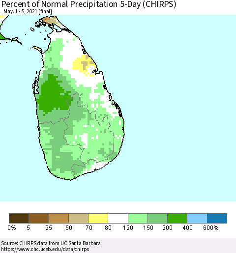 Sri Lanka Percent of Normal Precipitation 5-Day (CHIRPS) Thematic Map For 5/1/2021 - 5/5/2021