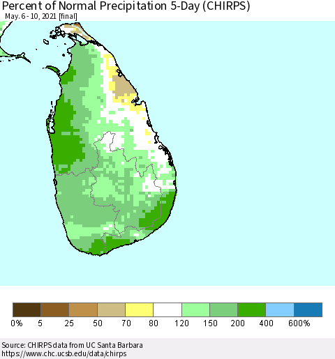 Sri Lanka Percent of Normal Precipitation 5-Day (CHIRPS) Thematic Map For 5/6/2021 - 5/10/2021