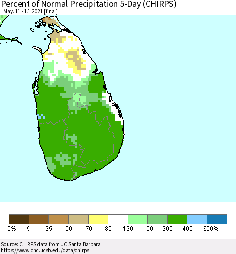 Sri Lanka Percent of Normal Precipitation 5-Day (CHIRPS) Thematic Map For 5/11/2021 - 5/15/2021