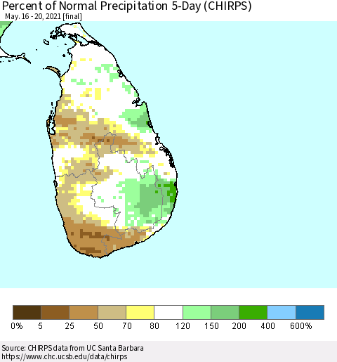 Sri Lanka Percent of Normal Precipitation 5-Day (CHIRPS) Thematic Map For 5/16/2021 - 5/20/2021