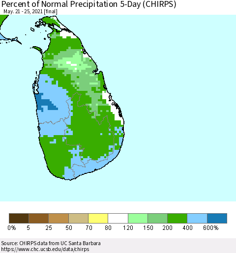 Sri Lanka Percent of Normal Precipitation 5-Day (CHIRPS) Thematic Map For 5/21/2021 - 5/25/2021