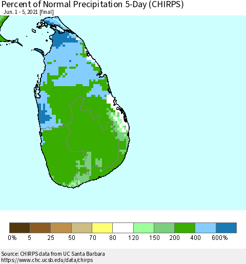 Sri Lanka Percent of Normal Precipitation 5-Day (CHIRPS) Thematic Map For 6/1/2021 - 6/5/2021