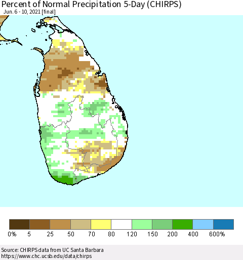 Sri Lanka Percent of Normal Precipitation 5-Day (CHIRPS) Thematic Map For 6/6/2021 - 6/10/2021
