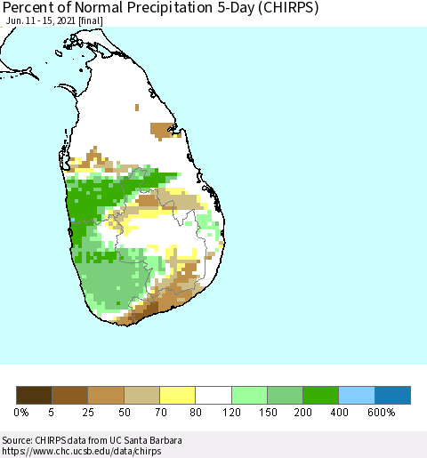 Sri Lanka Percent of Normal Precipitation 5-Day (CHIRPS) Thematic Map For 6/11/2021 - 6/15/2021