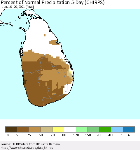 Sri Lanka Percent of Normal Precipitation 5-Day (CHIRPS) Thematic Map For 6/16/2021 - 6/20/2021