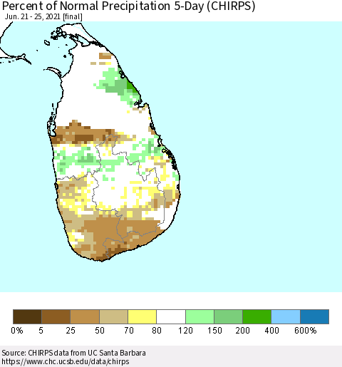 Sri Lanka Percent of Normal Precipitation 5-Day (CHIRPS) Thematic Map For 6/21/2021 - 6/25/2021