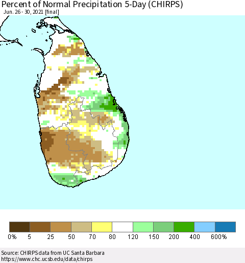 Sri Lanka Percent of Normal Precipitation 5-Day (CHIRPS) Thematic Map For 6/26/2021 - 6/30/2021
