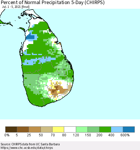 Sri Lanka Percent of Normal Precipitation 5-Day (CHIRPS) Thematic Map For 7/1/2021 - 7/5/2021