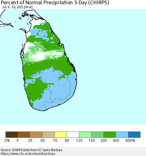 Sri Lanka Percent of Normal Precipitation 5-Day (CHIRPS) Thematic Map For 7/6/2021 - 7/10/2021