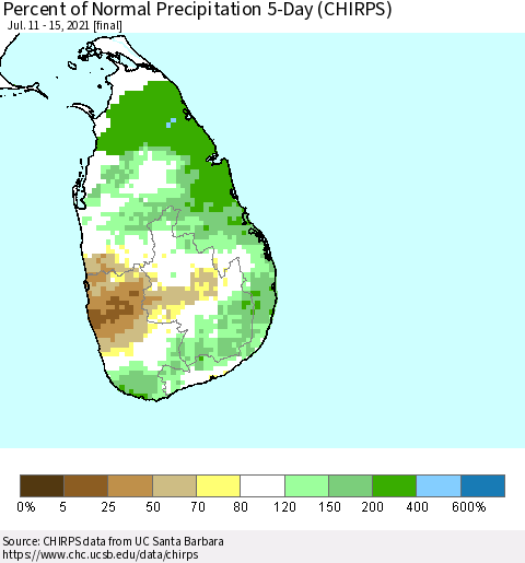 Sri Lanka Percent of Normal Precipitation 5-Day (CHIRPS) Thematic Map For 7/11/2021 - 7/15/2021