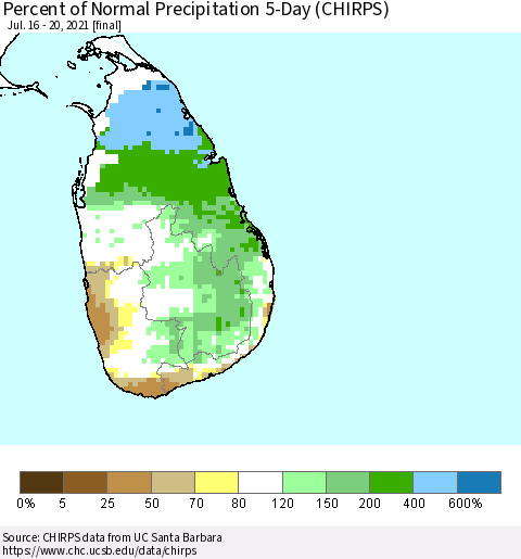Sri Lanka Percent of Normal Precipitation 5-Day (CHIRPS) Thematic Map For 7/16/2021 - 7/20/2021