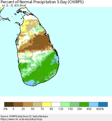 Sri Lanka Percent of Normal Precipitation 5-Day (CHIRPS) Thematic Map For 7/21/2021 - 7/25/2021