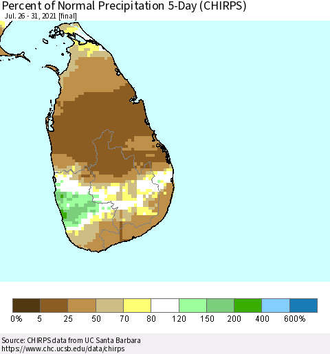 Sri Lanka Percent of Normal Precipitation 5-Day (CHIRPS) Thematic Map For 7/26/2021 - 7/31/2021