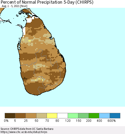 Sri Lanka Percent of Normal Precipitation 5-Day (CHIRPS) Thematic Map For 8/1/2021 - 8/5/2021