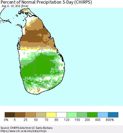 Sri Lanka Percent of Normal Precipitation 5-Day (CHIRPS) Thematic Map For 8/6/2021 - 8/10/2021