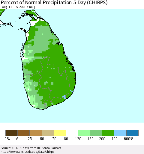 Sri Lanka Percent of Normal Precipitation 5-Day (CHIRPS) Thematic Map For 8/11/2021 - 8/15/2021