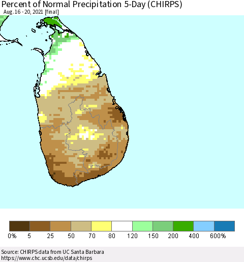 Sri Lanka Percent of Normal Precipitation 5-Day (CHIRPS) Thematic Map For 8/16/2021 - 8/20/2021