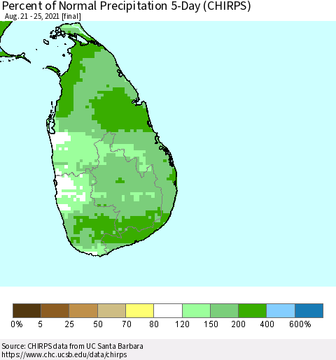 Sri Lanka Percent of Normal Precipitation 5-Day (CHIRPS) Thematic Map For 8/21/2021 - 8/25/2021