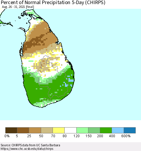 Sri Lanka Percent of Normal Precipitation 5-Day (CHIRPS) Thematic Map For 8/26/2021 - 8/31/2021