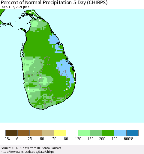 Sri Lanka Percent of Normal Precipitation 5-Day (CHIRPS) Thematic Map For 9/1/2021 - 9/5/2021
